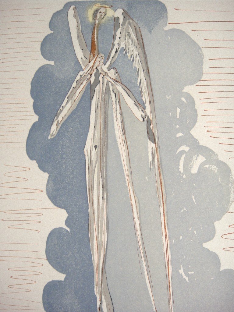 Salvador DALI, Signed Woodcut - The Divine Comedy: Original signed Woodcut 1950 - 1960 by Salvador Dali form the serie The Divine Comedy - 22nd canto of the Paradiese "Der Engel aus dem 7. Himmel". Hand signed by Dali in pencil. Provenance: D'Art les 