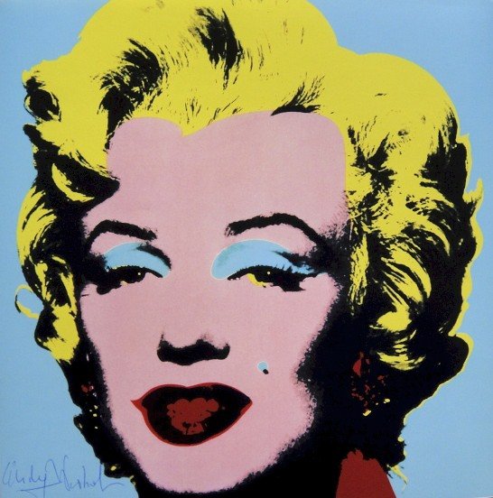 ANDY WARHOL, Signed Print "Marilyn", 1982: Andy WARHOL, "Marilyn Monroe", signed special Print. From a signed VIP-catalog from 1982. Hand signed by Andy Warhol in blue pen. Size: 8.66 x 8.66 in (22 x 22 cm).