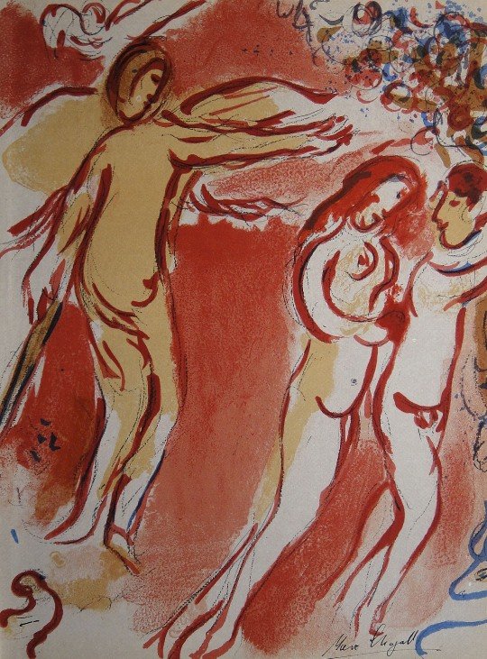 Marc CHAGALL "Bible" signed original Lithograph: Marc Chagall, original Lithograph "Adam et Eve chasses du paradis terrestre". From a signed VIP book "Bible" from 1960. Hand signed by Chagall in balck pen. Editeur Fernand Mourlot. Prov: Galerie les 