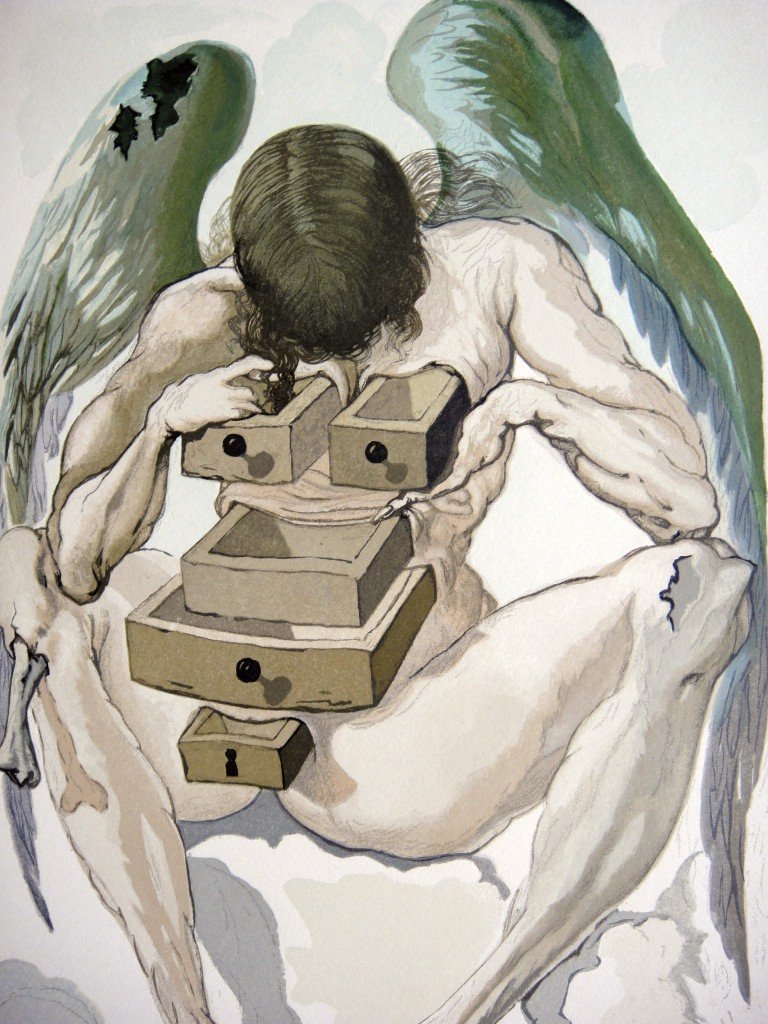 Salvador DALI, Signed Woodcut - The Divine Comedy: Original signed Woodcut 1950 - 1960 by Salvador Dali form the serie The Divine Comedy - 1st canto of the Purgatory "Der gefallene Engel". Hand signed by Dali in pencil. Provenance: D'Art les Heures Cl