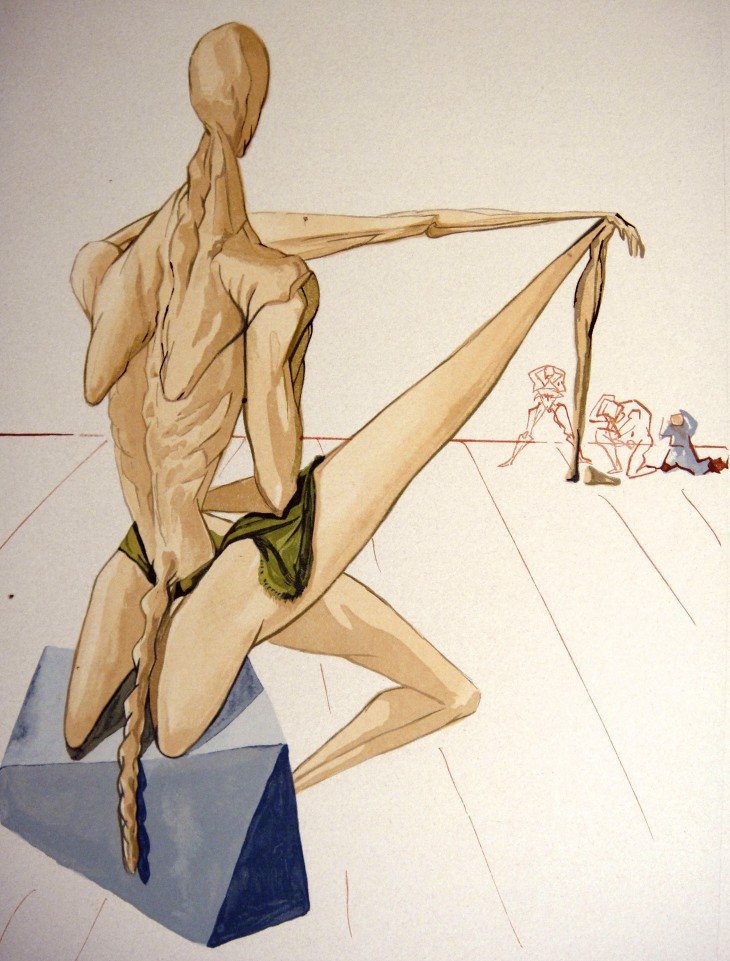 Salvador DALI, Signed Woodcut - The Divine Comedy: Original signed Woodcut 1950 - 1960 by Salvador Dali form the serie The Divine Comedy - 5th canto of the Hell "Der Totenrichter Minos". Hand signed by Dali in pencil. Provenance: D'Art les Heures Clai