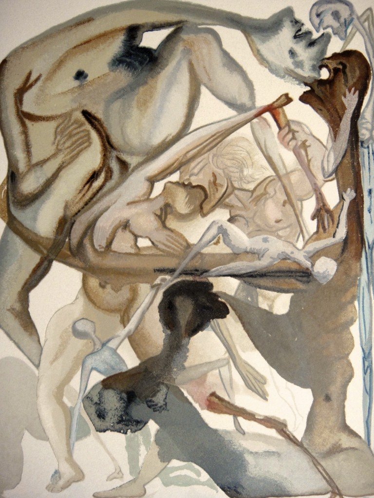 Salvador DALI, Signed Woodcut - The Divine Comedy: Original signed Woodcut 1950 - 1960 by Salvador Dali form the serie The Divine Comedy - 4th canto of the Hell "Am Rand des 7. Hollenkreises". Hand signed by Dali in pencil. Provenance: D'Art les Heure
