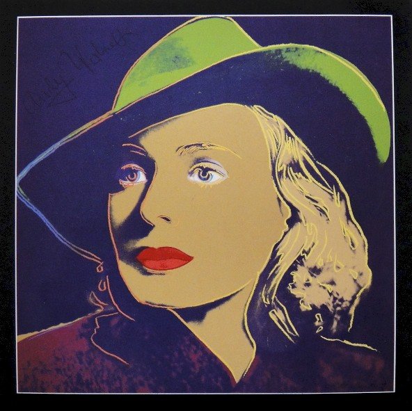 Andy Warhol signed Print "Ingrid Bergman" 1983: Special Print by Andy Warhol "Portrait of Ingrid Bergman with hat". Hand signed by Andy Warhol in black pen. From a signed gallery edition, picturing Ingrid Bergman / Malmš Sweden, 1983. Size: 8.86 x