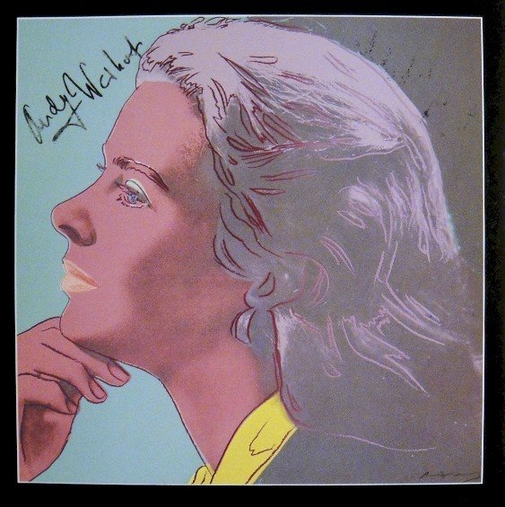 Andy Warhol signed Print "Ingrid Bergman" 1983: Special Print by Andy Warhol "Portrait of Ingrid Bergman". Hand signed by Andy Warhol in black pen. From a signed gallery edition, picturing Ingrid Bergman / Malmš Sweden, 1983. Size: 8.86 x 8.86 inc