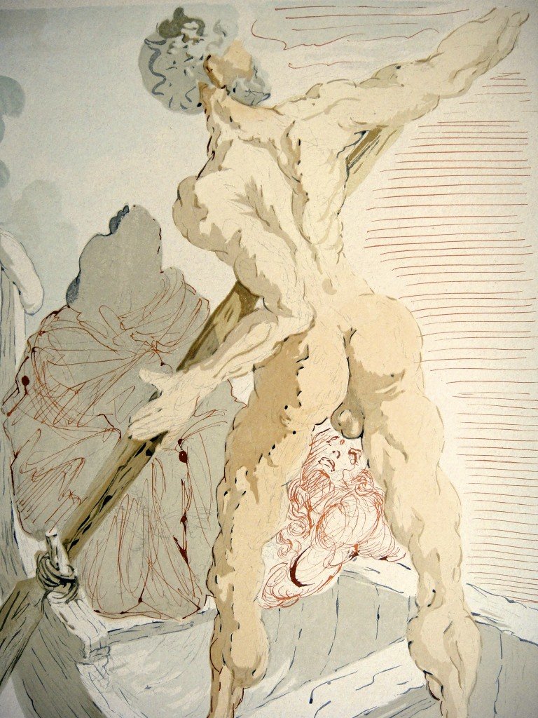 Salvador DALI, Signed Woodcut - The Divine Comedy: Original signed Woodcut 1950 - 1960 by Salvador Dali form the serie The Divine Comedy - 3rd canto of the Hell "Charon Ÿberquert den Acheron". Hand signed by Dali in pencil. Provenance: D'Art les Heur