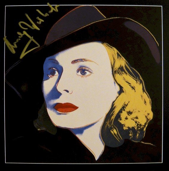 Andy Warhol signed Print "Ingrid Bergman" 1983: Special Print by Andy Warhol "Portrait of Ingrid Bergman with hat". Hand signed by Andy Warhol in gold pen. From a signed gallery edition, picturing Ingrid Bergman / Malmš Sweden, 1983. Size: 8.86 x