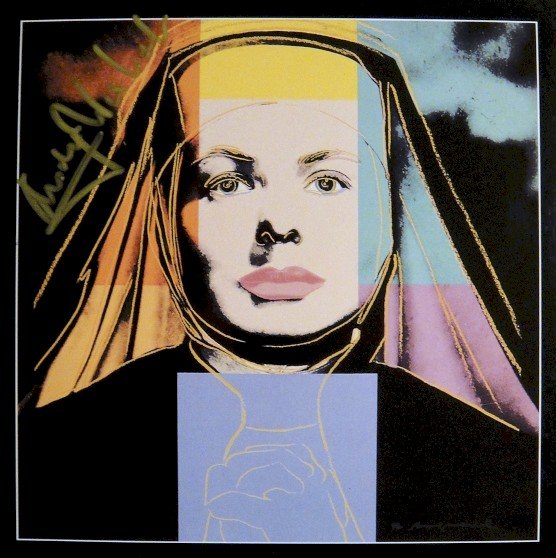 Andy Warhol signed Print "Ingrid Bergman" 1983: Special Print by Andy Warhol "Portrait of Ingrid Bergman as nun". Hand signed by Andy Warhol in gold pen. From a signed gallery edition, picturing Ingrid Bergman / Malmš Sweden, 1983. Size: 8.86 x 8.