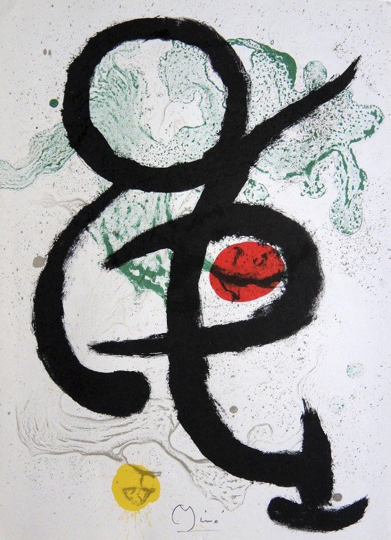 Joan MIRO, signed special Lithograph: Joan Miro signed Lithograph from a VIP folder. Hand signed by Miro in pencil. Lithograph: Fernand Mourlot, Paris. Prov: Maeght, Paris. Size: 14.96 x 10.83 inches (38 x 27.5 cm), printed on the back.