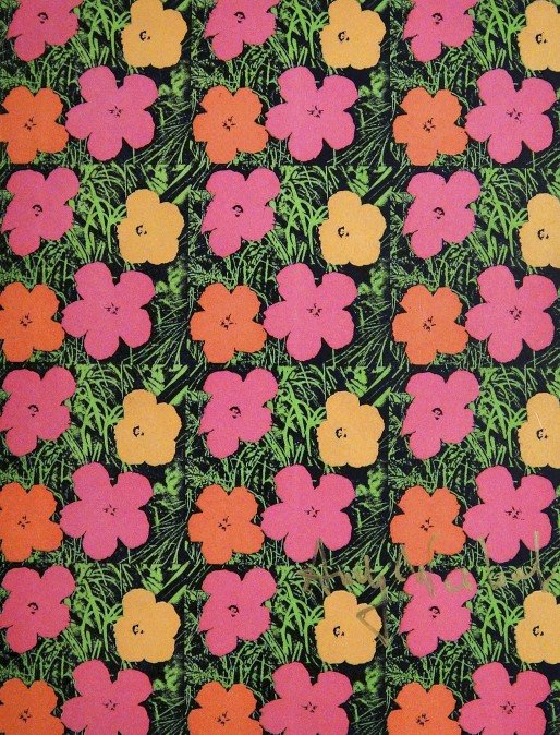 ANDY WARHOL, Special Print, "Flowers": Andy WARHOL, "Flowers" signed special Print. From a signed VIP book from 1968. Hand signed by Andy Warhol in gold pen. Size: 10.43 x 7.87 in (26.5 x 20 cm), card board.