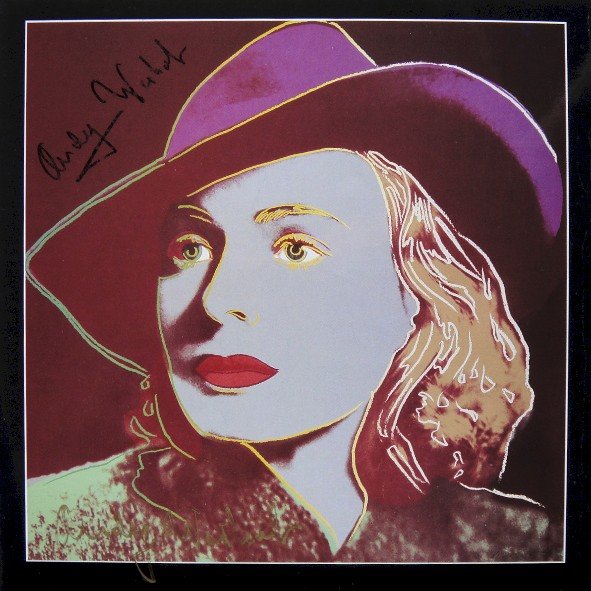 Andy Warhol signed Print "Ingrid Bergman" 1983: Special Print by Andy Warhol "Portrait of Ingrid Bergman with hat". Hand signed by Andy Warhol in black pen. From a signed gallery edition, picturing Ingrid Bergman / Malmš Sweden, 1983. Size: 8.86 x