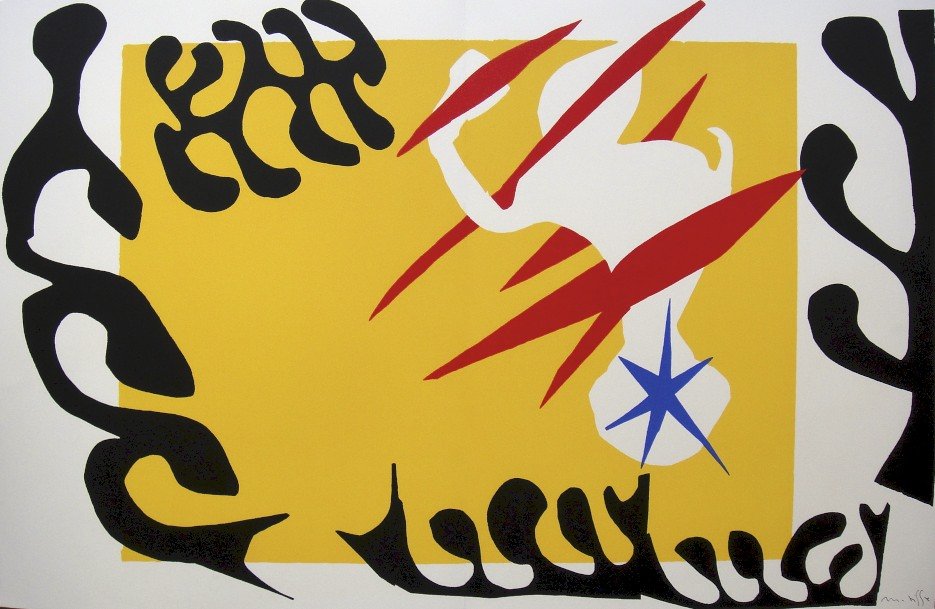 Henri Matisse, signed Lithograph "Jazz", 1951: Henri Matisse, signed lithograph from the VIP folder "Jazz". Hand signed by Matisse in pencil. 2. Edition, published in 1951. Prov: Galerie les Tourettes, Dr. Anne Wertheimer, Paris. Size: 14.57 x 22.