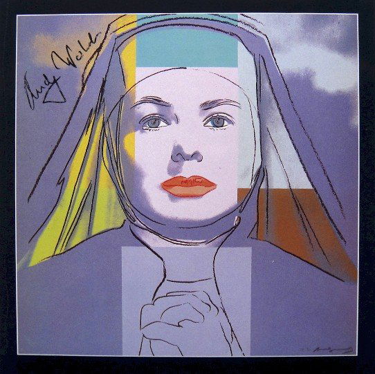 Andy Warhol signed Print "Ingrid Bergman" 1983: Special Print by Andy Warhol "Portrait of Ingrid Bergman as nun". Hand signed by Andy Warhol in black pen. From a signed gallery edition, picturing Ingrid Bergman / Malmš Sweden, 1983. Size: 8.86 x 8