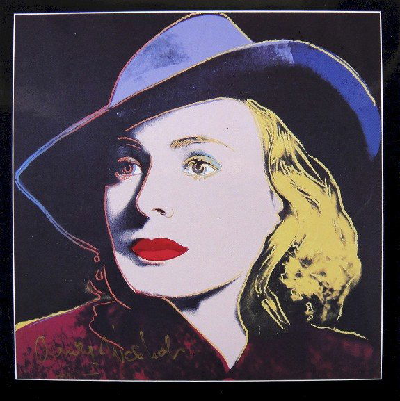 Andy Warhol signed Print "Ingrid Bergman" 1983: Special Print by Andy Warhol "Portrait of Ingrid Bergman with hat". Hand signed by Andy Warhol in gold pen. From a signed gallery edition, picturing Ingrid Bergman / Malmš Sweden, 1983. Size: 8.86 x