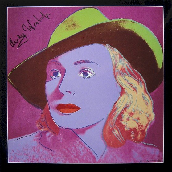Andy Warhol signed Print "Ingrid Bergman" 1983: Special Print by Andy Warhol "Portrait of Ingrid Bergman with hat". Hand signed by Andy Warhol in black pen. From a signed gallery edition, picturing Ingrid Bergman / Malmš Sweden, 1983. Size: 8.86 x