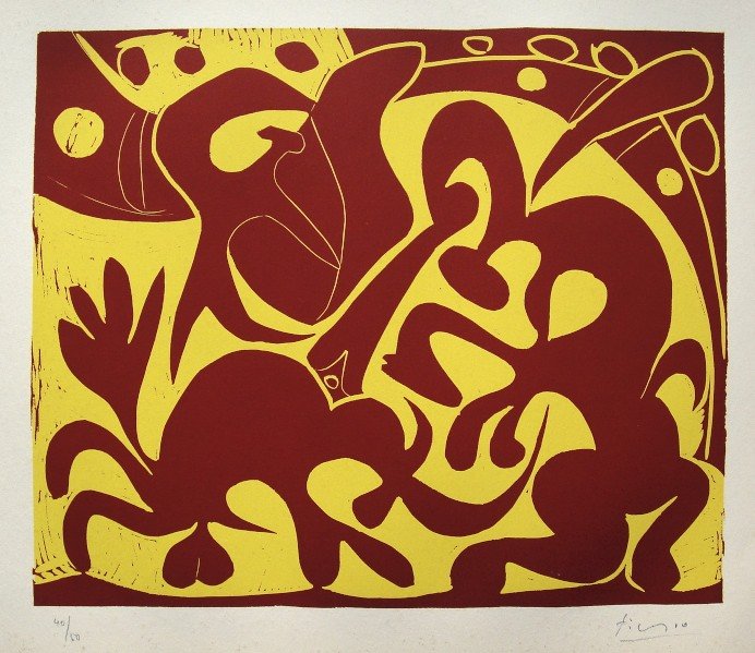 PABLO PICASSO, Hand signed Linocut, 1962: Pablo Picasso original hand signed Linocut, 1962. "Pique" (Bloch 908) Signature and numbered 40/50 in pencil by Pablo Picasso. Publishing house Gerd Hatje, Stuttgart 1962 and for France edition Circle