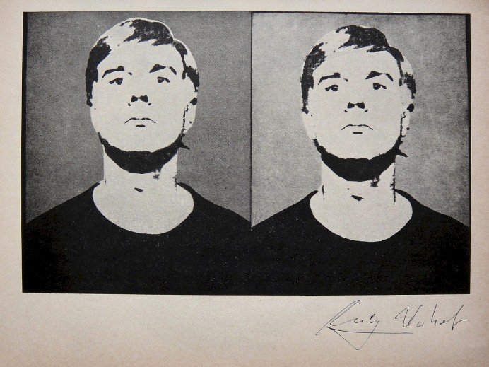 ANDY WARHOL, Signed Special Print, 1965: Andy WARHOL, "Self Portrait" signed special Print. From a signed VIP book from 1965. Hand signed by Andy Warhol in black pen. Size: 10.43 x 7.87 in (26.5 x 20 cm), printed on the back.