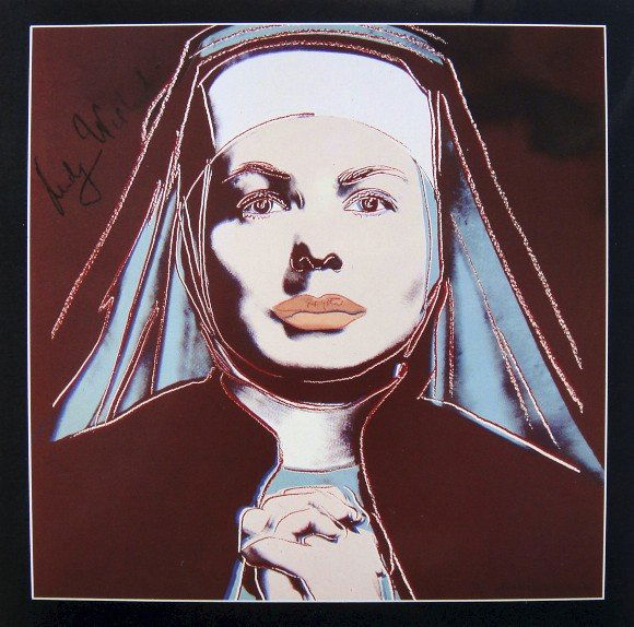 Andy Warhol signed Print "Ingrid Bergman" 1983: Special Print by Andy Warhol "Portrait of Ingrid Bergman as nun". Hand signed by Andy Warhol in black pen. From a signed gallery edition, picturing Ingrid Bergman / Malmš Sweden, 1983. Size: 8.86 x 8