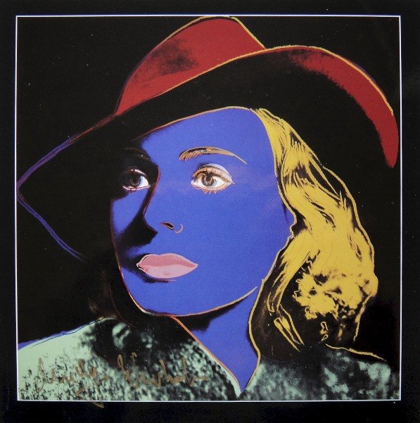 Andy Warhol signed Print "Ingrid Bergman" 1983: Special Print by Andy Warhol "Portrait of Ingrid Bergman with hat". Hand signed by Andy Warhol in gold pen. From a signed gallery edition, picturing Ingrid Bergman / Malmš Sweden, 1983. Size: 8.86 x