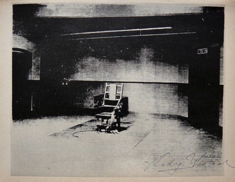 ANDY WARHOL, Signed Special Print, 1965: Andy WARHOL, "Electric Chair" signed special Print. From a signed VIP book from 1965. Hand signed by Andy Warhol in black pen. Size: 10.43 x 7.87 in (26.5 x 20 cm), printed on the back.