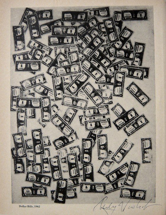 ANDY WARHOL, Signed Special Print, 1965: Andy WARHOL, "Dollar Bills" signed special Print. From a signed VIP book from 1965. Hand signed by Andy Warhol in black pen. Size: 10.43 x 7.87 in (26.5 x 20 cm), with title and printed on the back.