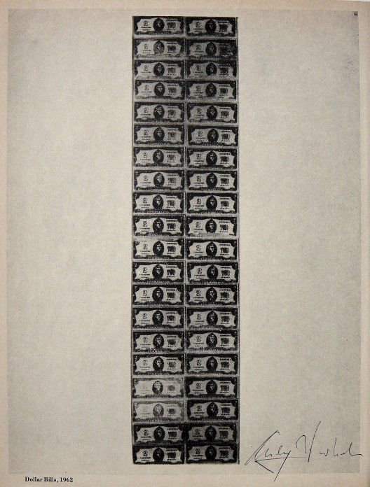 ANDY WARHOL, Signed Special Print, 1965: Andy WARHOL, "Dollar Bills" signed special Print. From a signed VIP book from 1965. Hand signed by Andy Warhol in black pen. Size: 10.43 x 7.87 in (26.5 x 20 cm), with title and printed on the back.
