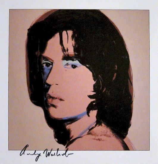 ANDY WARHOL, Signed Print "Portraits", 1982: Andy WARHOL, "Mick Jagger" signed special Print. From a signed VIP-catalog from 1982. Hand signed by Andy Warhol in black pen. Size: 8.27 x 8.27 in (21 x 21 cm), printed on the back.