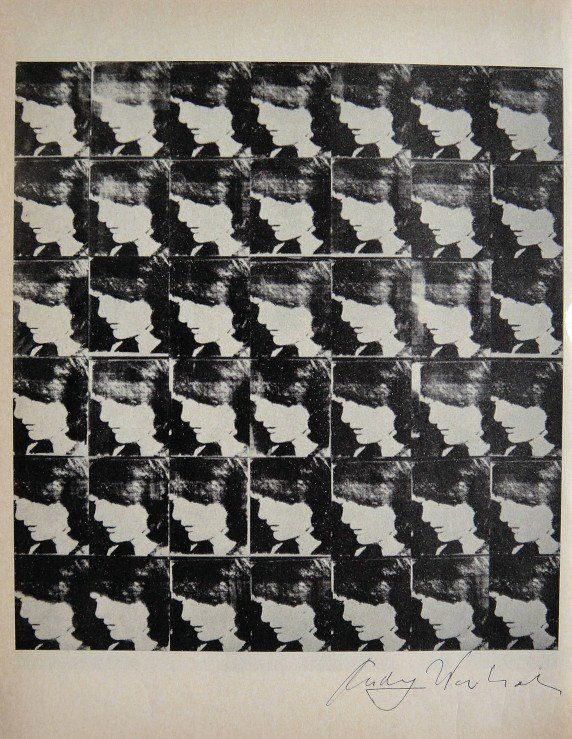 ANDY WARHOL, Signed offset Print "Jackie", 1965: Andy WARHOL, "Jackie" signed offset Print. From a signed VIP book from 1965. Hand signed by Andy Warhol in black pen. Size: 10.43 x 7.87 in (26.5 x 20 cm), printed on the back.