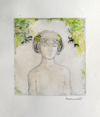 PIERRE BONNARD, hand colored and signed Lithograph: Wonderful hand colored and signed Lithograph by Pierre Bonnard. Watercolor on beautiful hand made paper. "Dessin" was published in the rare suite "Bonnard" by Leon Werth, 1923. Edition: "Cahiers d'Auj