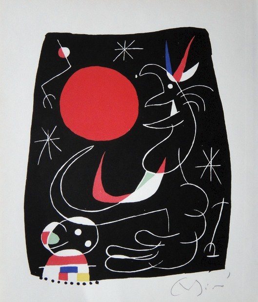 Joan Miro signed original Lithograph 1956: Joan Miro, original Lithographie from a VIP folder 1956. Hand signed by Miro in pencil. Editeur: Galerie Maeght, Paris. Prov: Jacques Prevert, Georges Ribemont Size: 9.06 x 7.68 inches (23 x 19.5 cm).
