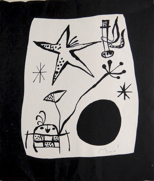 Joan Miro signed original Lithograph 1956: Joan Miro, original Lithographie from a VIP folder 1956. Hand signed by Miro in pencil. Editeur: Galerie Maeght, Paris. Prov: Jacques Prevert, Georges Ribemont Size: 9.06 x 7.68 inches (23 x 19.5 cm),
