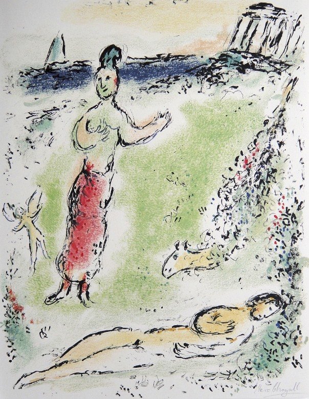 Marc Chagall, original Lithograph "L'Odyssee": Marc Chagall original Lithograph "Athene senkt Odysseus in den Schlaf" (Mourlot 815). From a signed VIP book "L'Odyssee" 1974/75. Hand signed in pencil by Marc Chagall. Les Editions II Mourlot, Paris.
