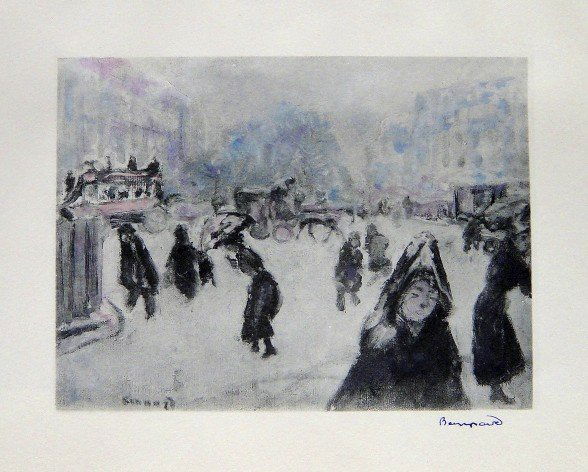 PIERRE BONNARD, hand colored and signed Lithograph: Wonderful hand colored and signed Lithograph by Pierre Bonnard. Watercolor on beautiful hand made paper. "Neige" was published in the rare suite "Bonnard" by Leon Werth, 1923. Edition: "Cahiers d'Aujo