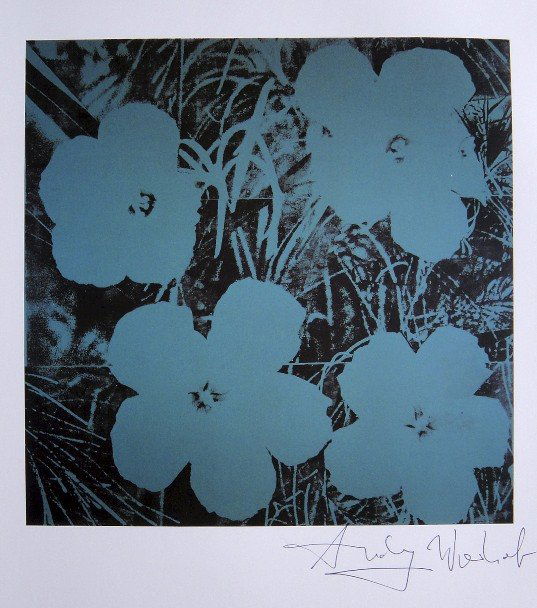 ANDY WARHOL, "Ten-Foot Flowers" signed Print, 1982: Andy WARHOL, "Ten-Foot Flowers" signed Print. From a signed VIP book from 1982. Hand signed by Andy Warhol in black pen. Size: 10.63 x 8.66 in (27 x 22 cm).