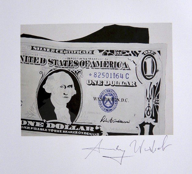 ANDY WARHOL, "One Dollar Bill" signed Print, 1982: Andy WARHOL, "One Dollar Bill" signed Print. From a signed VIP book from 1982. Hand signed by Andy Warhol in black pen. Size: 10.43 x 8.66 in (26.5 x 22 cm).