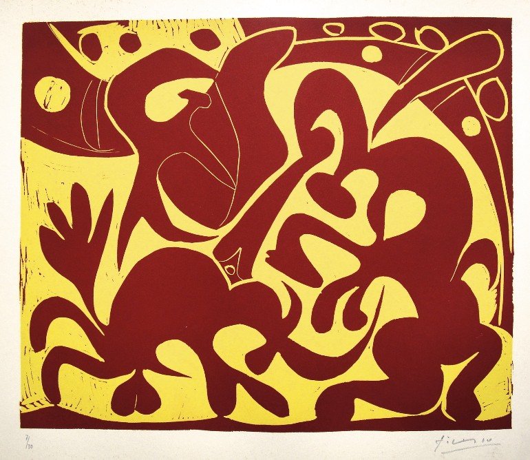 PABLO PICASSO, Hand signed Linocut, 1962: Pablo Picasso original hand signed Linocut, 1962. "Pique" (Bloch 908) Signature and numbered 7/50 in pencil by Pablo Picasso. Publishing house Gerd Hatje, Stuttgart 1962 and for France edition Circle 