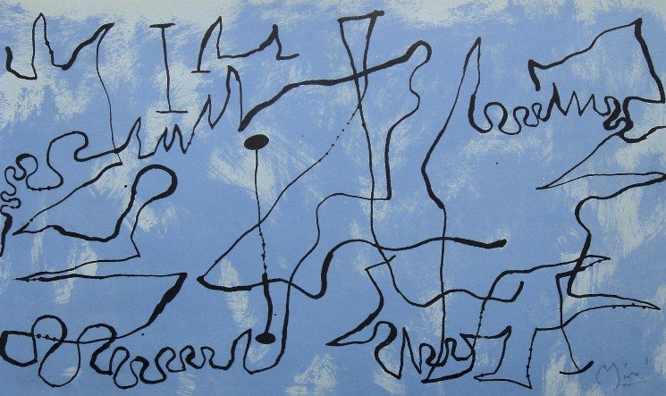 Joan Miro signed original Lithograph 1956: Joan Miro, original Lithographie from a VIP folder 1956. Hand signed by Miro in pencil. Editeur: Galerie Maeght, Paris. Prov: Jacques Prevert, Georges Ribemont Size: 9.06 x 14.5 inches (23 x 37 cm), w