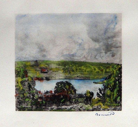 PIERRE BONNARD, hand colored and signed Lithograph: Wonderful hand colored and signed Lithograph by Pierre Bonnard. Watercolor on beautiful hand made paper. "La Seine a Vernon" was published in the rare suite "Bonnard" by Leon Werth, 1923. Edition: "Ca