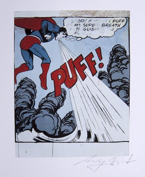 ANDY WARHOL, "Superman" signed Print, 1982: Andy WARHOL, "Superman - Puff!" signed Print. From a signed VIP book from 1982. Hand signed by Andy Warhol in black pen. Size: 10.43 x 8.66 in (26.5 x 22 cm).