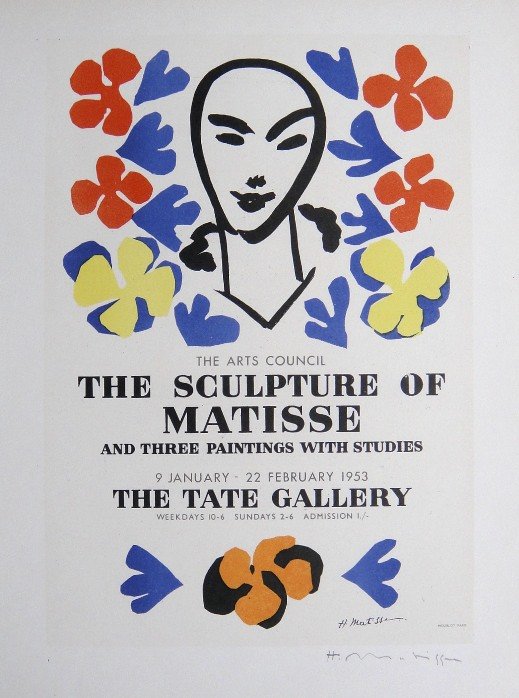 Henri MATISSE Lithograph Ecole de Paris 1958: Original lithograph "The Tate Gallery" from a VIP folder, 1958. Hand signed by Henri Matisse in pencil. Lithograph: Fernand Mourlot, Paris. Editeur and Prov: Galerie Maeght, Paris. Size: 11.8 x 9 inch