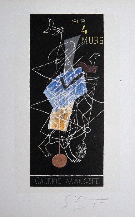 Georges Braque Lithograph Ecole de Paris 1958: Original lithograph "Galerie Maeght" from a VIP folder, 1958. Hand signed by Georges Braque in pencil. Lithograph: Fernand Mourlot, Paris. Editeur and Prov: Galerie Maeght, Paris. Size: 11.8 x 9 inche
