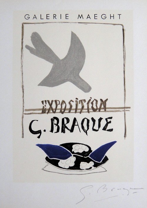 Georges Braque Lithograph Ecole de Paris 1958: Original lithograph "Galerie Maeght" from a VIP folder, 1958. Hand signed by Georges Braque in pencil. Lithograph: Fernand Mourlot, Paris. Editeur and Prov: Galerie Maeght, Paris. Size: 11.8 x 9 inche