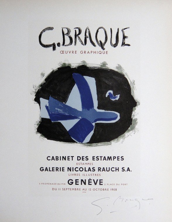 Georges Braque Lithograph Ecole de Paris 1952: Original lithograph "Cabinet des Estampes" from a VIP folder, 1952. Hand signed by Georges Braque in pencil. Lithograph: Fernand Mourlot, Paris. Editeur and Prov: Galerie Maeght, Paris. Size: 11.8 x 9