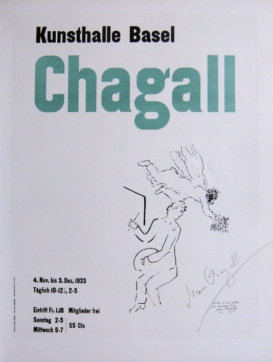 Marc Chagall Lithograph Ecole de Paris 1958: Original lithograph "Kunsthalle Basel" from a VIP folder, 1958. Hand signed by Marc Chagall in pencil. Lithograph: Fernand Mourlot, Paris. Editeur and Prov: Galerie Maeght, Paris. Size: 11.8 x 9 inche