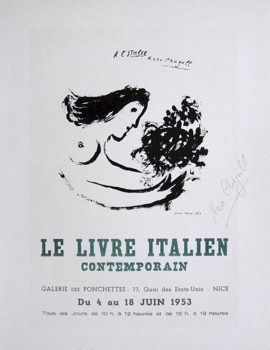 Marc Chagall Lithograph Ecole de Paris 1958: Original lithograph "Le Livre Italien" from a VIP folder, 1958. Hand signed by Marc Chagall in pencil. Lithograph: Fernand Mourlot, Paris. Editeur and Prov: Galerie Maeght, Paris. Size: 11.8 x 9 inche
