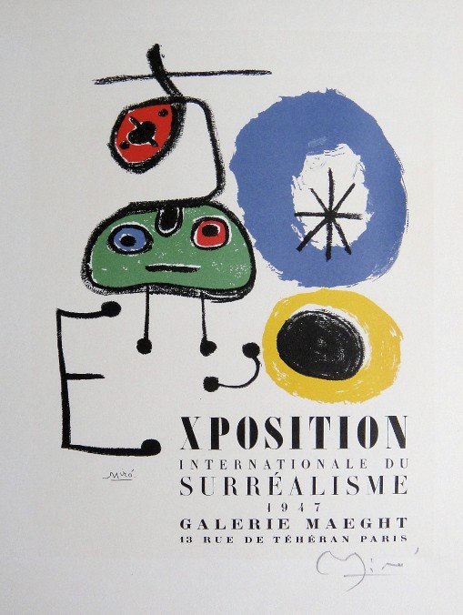 Joan Miro Lithograph Ecole de Paris 1952: Original lithograph "Exposition Surrealisme" from a VIP folder, 1952. Hand signed by Joan Miro in pencil. Lithograph: Fernand Mourlot, Paris. Editeur and Prov: Galerie Maeght, Paris. Size: 11.8 x 9 in