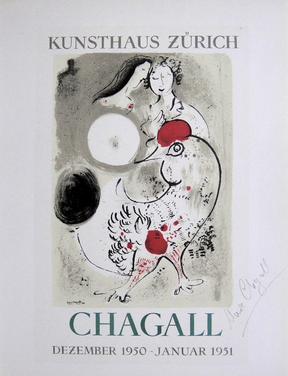 Marc Chagall Lithograph Ecole de Paris 1958: Original lithograph "Kunsthaus Zurich" from a VIP folder, 1958. Hand signed by Marc Chagall in pencil. Lithograph: Fernand Mourlot, Paris. Editeur and Prov: Galerie Maeght, Paris. Size: 11.8 x 9 inche