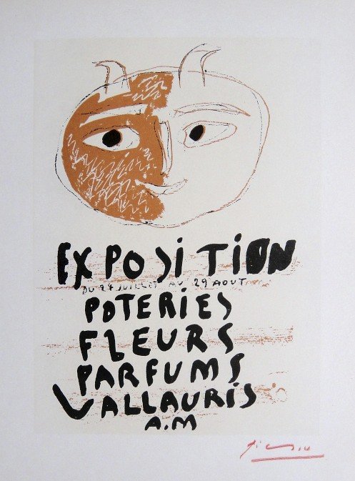 Pablo Picasso Lithograph Ecole de Paris 1959: Original lithograph "Exposition Vallauris" from a VIP folder, 1959. Hand signed by Pablo Picasso in red pencil. Lithograph: Fernand Mourlot, Paris. Editeur and Prov: Galerie Maeght, Paris. Size: 11.8 