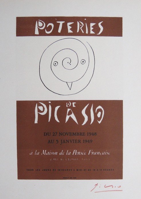 Pablo Picasso Lithograph Ecole de Paris 1959: Original lithograph "Poteries de Picasso" from a VIP folder, 1959. Hand signed by Pablo Picasso in red pencil. Lithograph: Fernand Mourlot, Paris. Editeur and Prov: Galerie Maeght, Paris. Size: 11.8 x