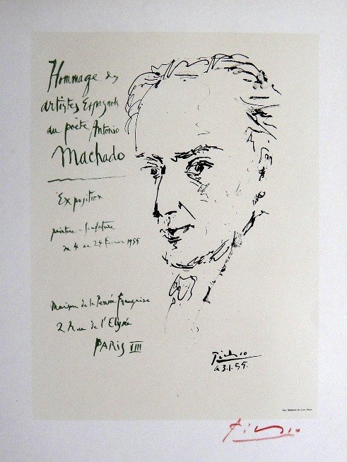 Pablo Picasso Lithograph Ecole de Paris 1959: Original lithograph "Exposition" from a VIP folder, 1959. Hand signed by Pablo Picasso in red pencil. Lithograph: Fernand Mourlot, Paris. Editeur and Prov: Galerie Maeght, Paris. Size: 11.8 x 9 inches