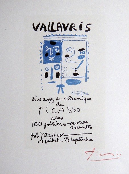 Pablo Picasso Lithograph Ecole de Paris 1959: Original lithograph "Vallauris" from a VIP folder, 1959. Hand signed by Pablo Picasso in red pencil. Lithograph: Fernand Mourlot, Paris. Editeur and Prov: Galerie Maeght, Paris. Size: 11.8 x 9 inches 
